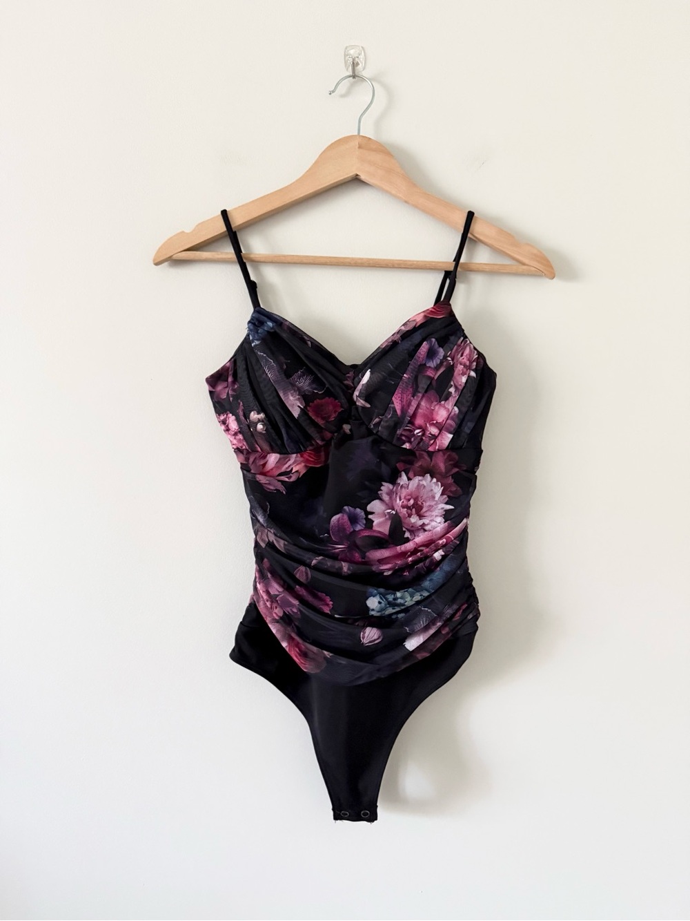 Express Body Contour Cami Black Bodysuit with Pink & Purple Floral Accents S